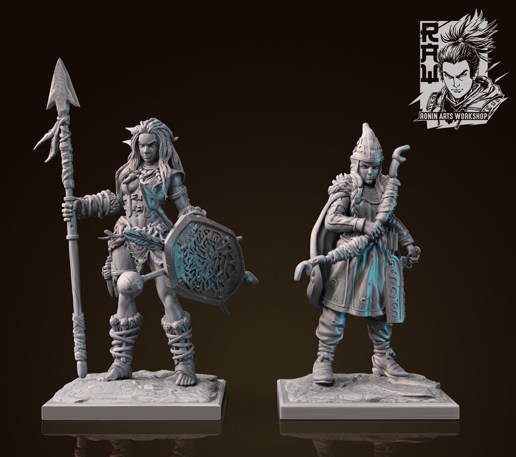 Dhoruba & Tamiras | Fantasy Ranger Fighter Spearmaidens | 35mm / 54mm / 75mm | by Ronin Arts Workshop
