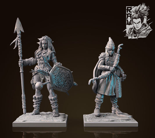 Dhoruba & Tamiras | Fantasy Ranger Fighter Spearmaidens | 35mm / 54mm / 75mm | by Ronin Arts Workshop