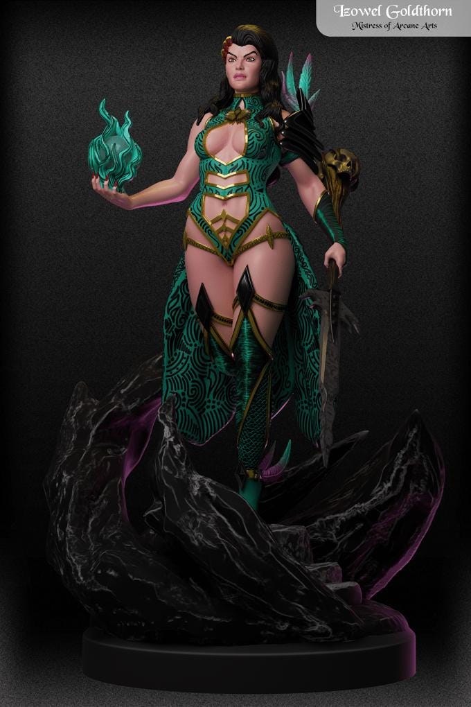 Izowel Goldthorn | DnD Female Sorcerer Wizard Witch Pin-up miniatures | by Black Fins Miniatures