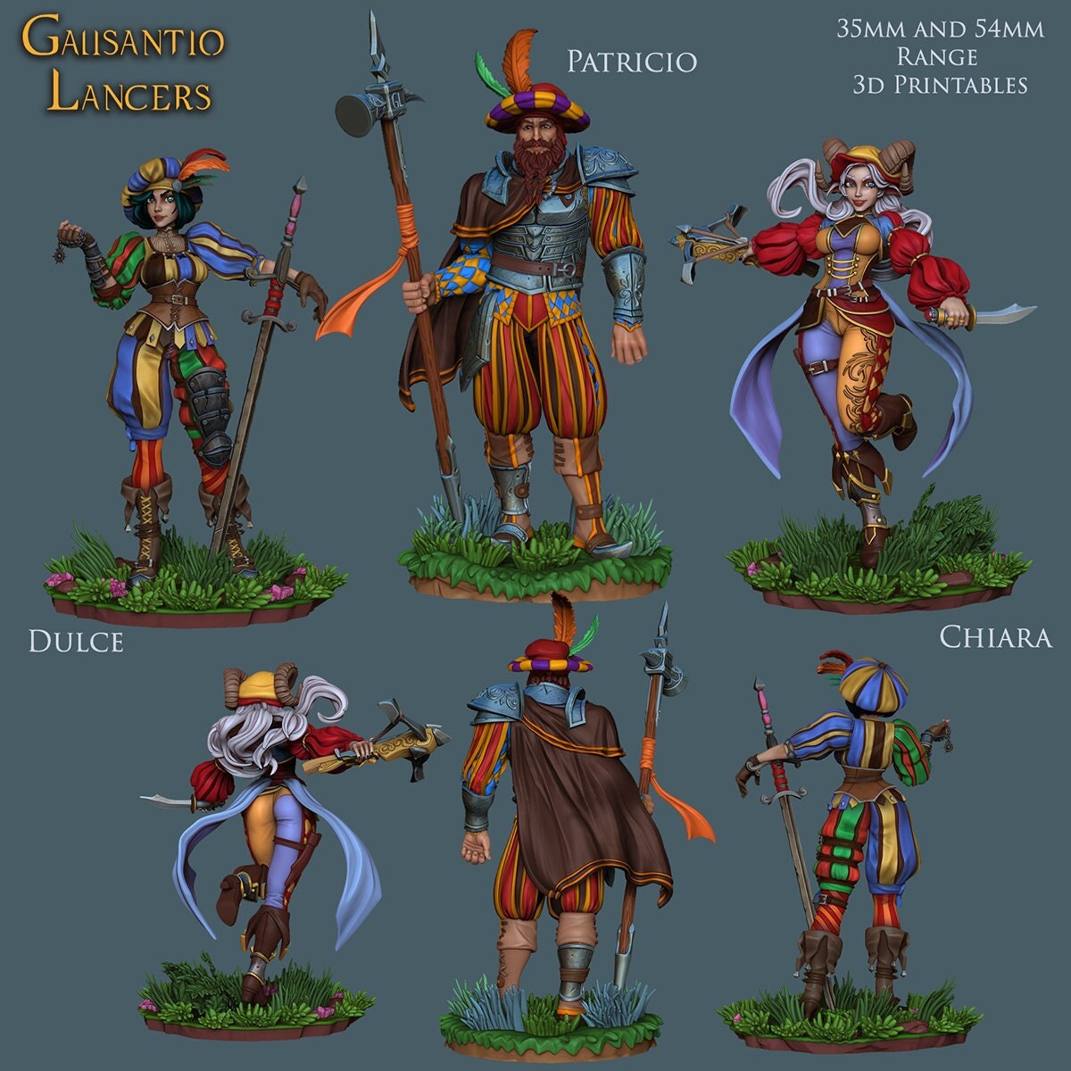 Galisantio Lancers| Fantasy Jester Rogue Warrior Miniatures | 35mm / 54mm / 75mm | by Ronin Arts Workshop