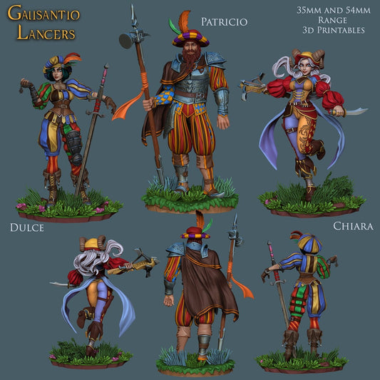Galisantio Lancers| Fantasy Jester Rogue Warrior Miniatures | 35mm / 54mm / 75mm | by Ronin Arts Workshop