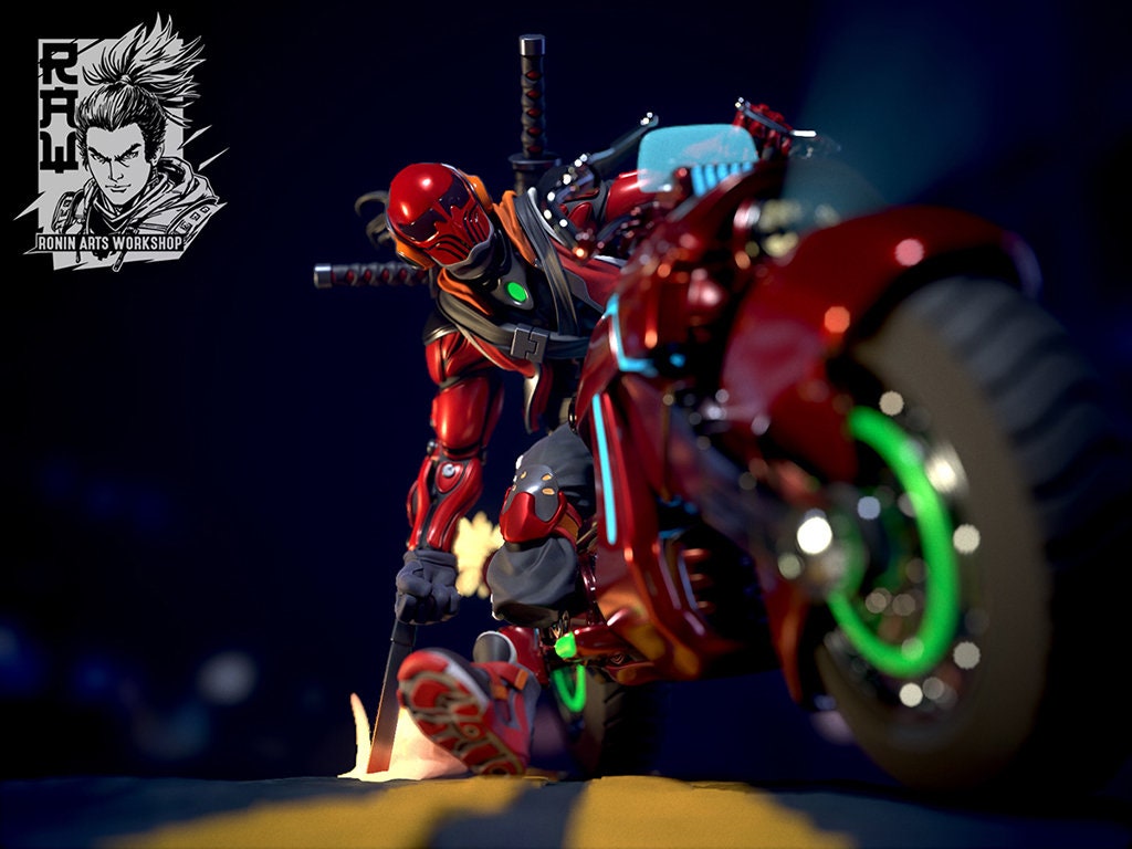 Biker Takeshi | Sci-fi Samurai Biker Collectible Miniature | 35mm / 54mm / 75mm | by Ronin Arts Workshop