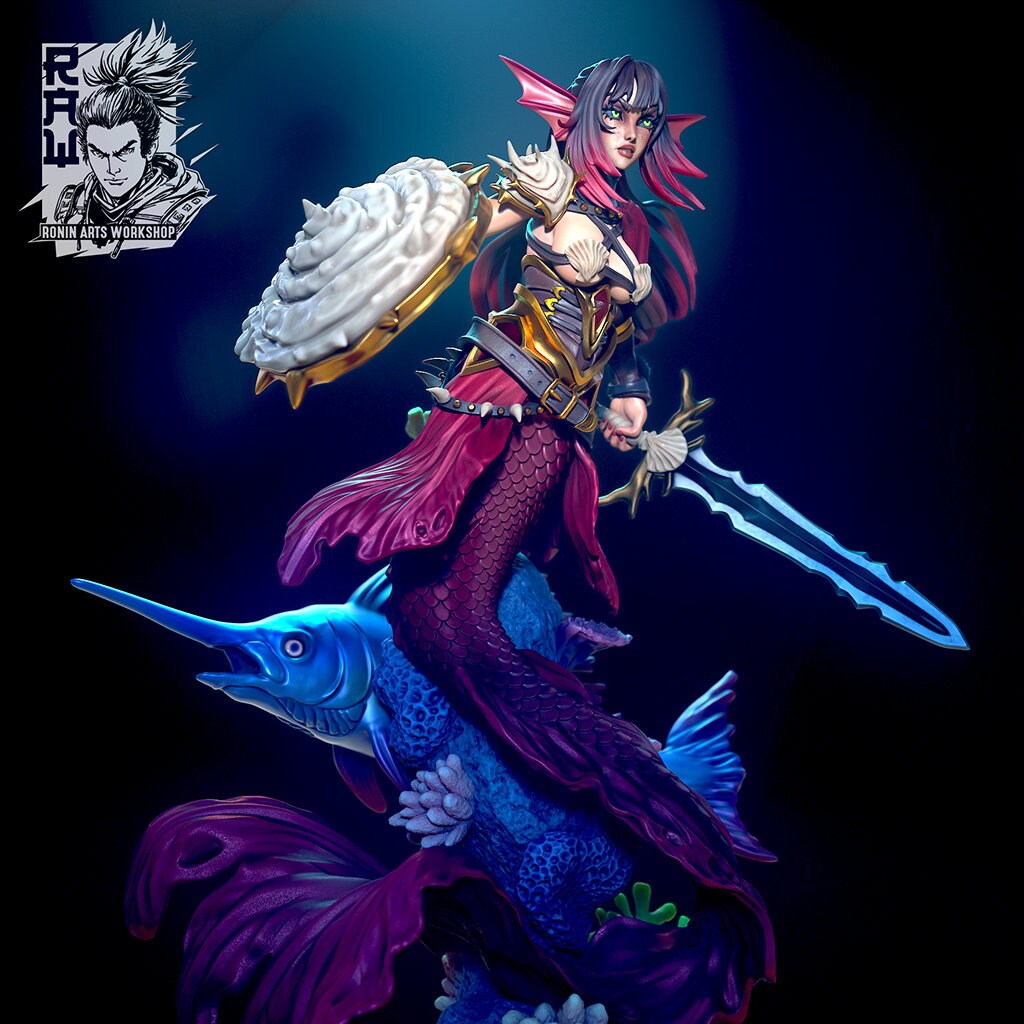 Urasyl | DnD Mermaid Knight Fighter Pin-up Collectible Miniature | 35mm / 54mm / 75mm | by Ronin Arts Workshop
