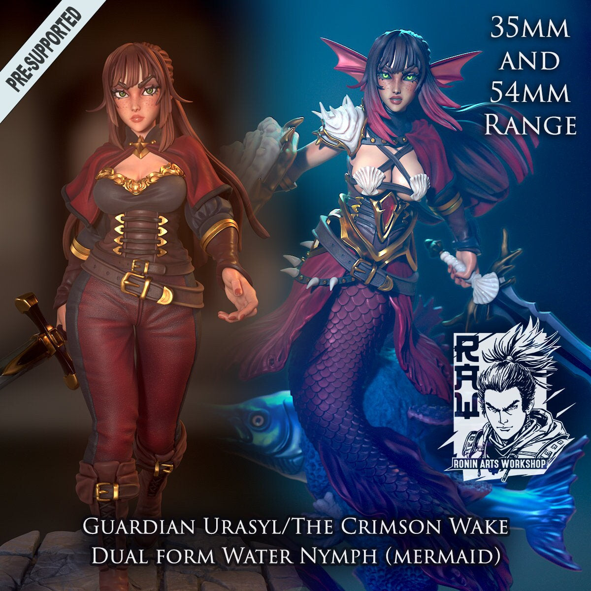 Urasyl | DnD Mermaid Knight Fighter Pin-up Collectible Miniature | 35mm / 54mm / 75mm | by Ronin Arts Workshop