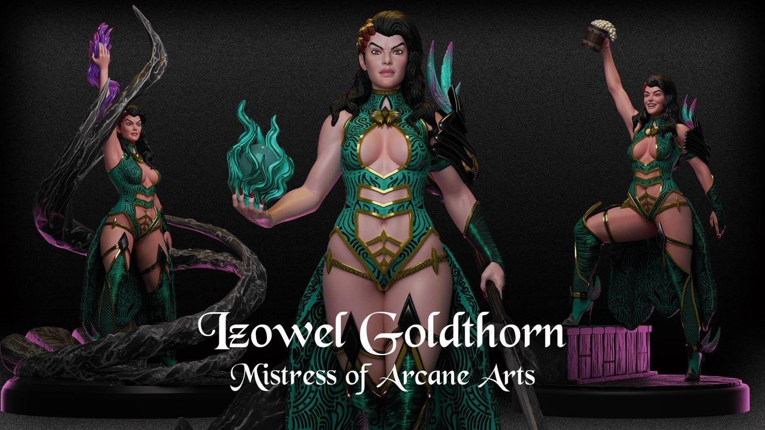 Izowel Goldthorn | DnD Female Sorcerer Wizard Witch Pin-up miniatures | by Black Fins Miniatures