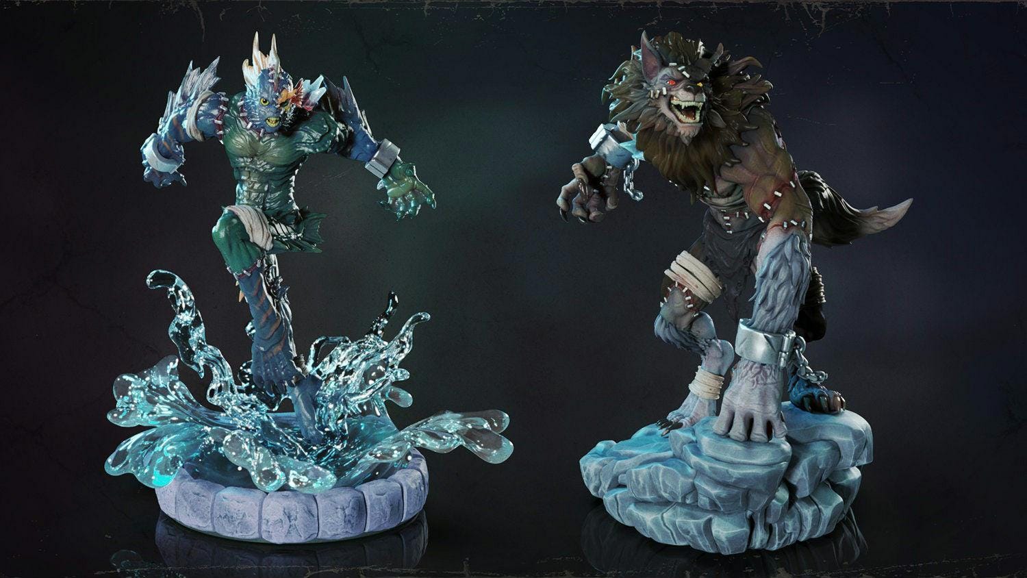 Alpheus & Vulko | DnD Patchwork Sahagin and Werewolf monster miniatures | 35mm / 54mm / 75mm | by Ronin Arts Workshop