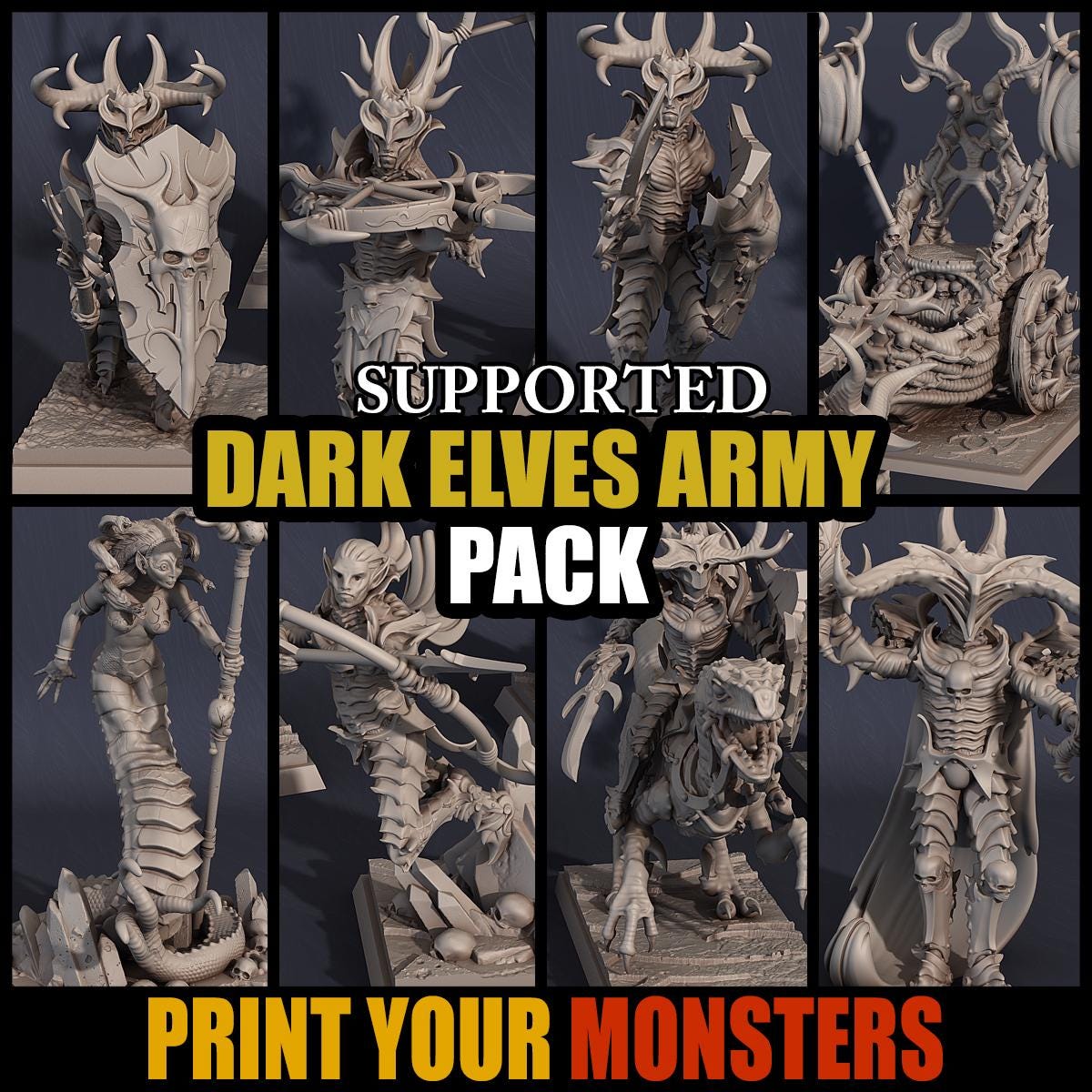 Dark Elves Army Pack | DnD Elven Soldier Warriors Medusa Monster Miniature | by PrintYourMonster
