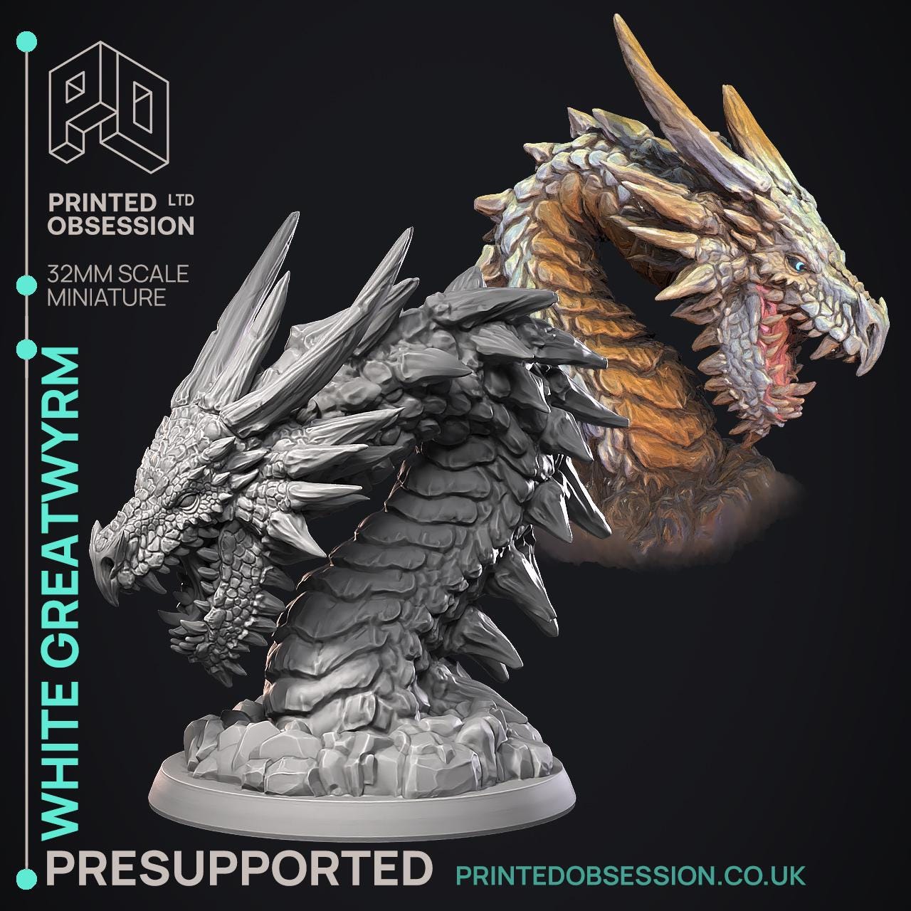 White Great Wyrm | DnD Dragon Bust Wurm Monster Miniature | 32mm | by Printed Obsession