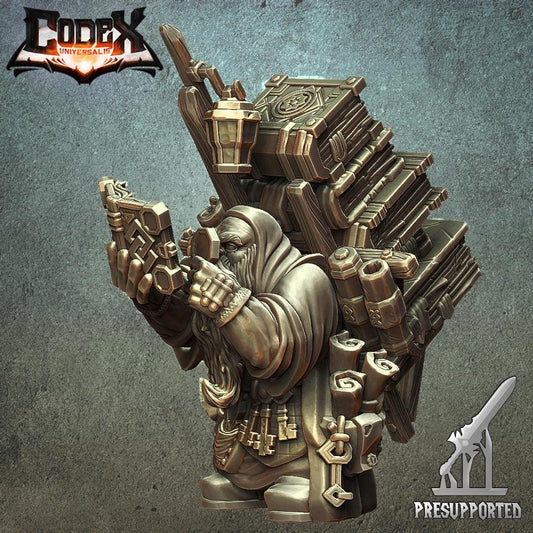 Nalod Runekeeper by WintersailMiniatures: an unpainted resin model of a bearded, hooded figure loaded with books, scrolls, and magical items, reading a book. Codex Universalis and Presupported logos feature in the corners.