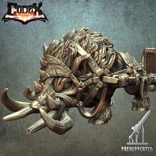 An unpainted 3D model of a boar pulling a mine cart with armor and harnesses by WintersailMiniatures, shown on a textured background with the “Codex Universalis” logo and a “Presupported” symbol.
