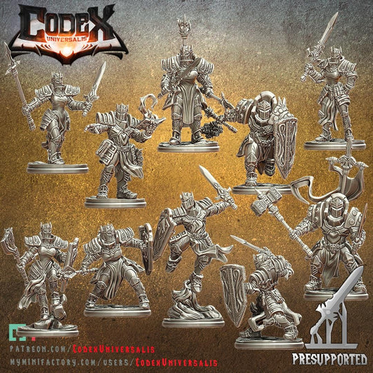 12 unpainted resin Black Lion Knights miniatures by WintersailMiniatures, each wielding swords and shields in dynamic poses, are shown with the Codex Universalis logo and presupported icon against a textured background.