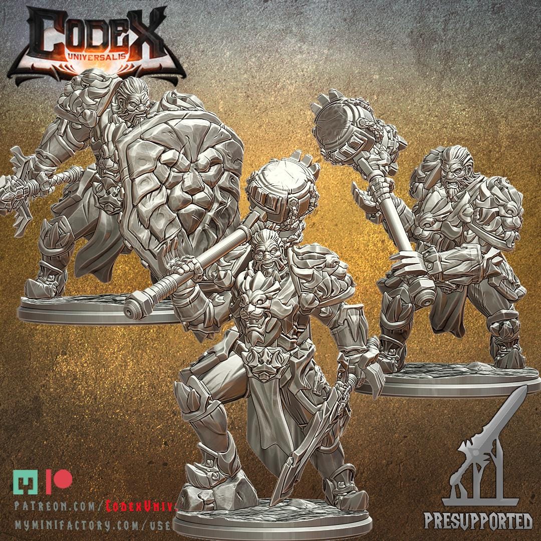 Captain Artus Lionroar by Codex Universalis, from WintersailMiniatures: an unpainted grey resin fantasy miniature of an armored warrior with hammer and shield, displayed on a round base. "Codex Universalis" logo and website are in the corners.