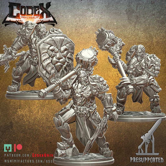 Captain Artus Lionroar by Codex Universalis, from WintersailMiniatures: an unpainted grey resin fantasy miniature of an armored warrior with hammer and shield, displayed on a round base. "Codex Universalis" logo and website are in the corners.