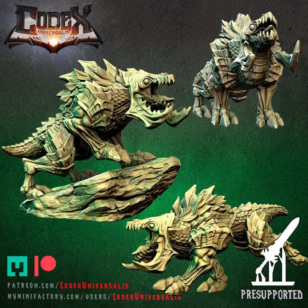 Three detailed 3D models of Lurker Hounds by Codex Universalis from WintersailMiniatures are shown from multiple angles—fantasy creatures with spikes and legs, ideal as 32mm miniatures or unpainted resin models. Logo at top left on black background.