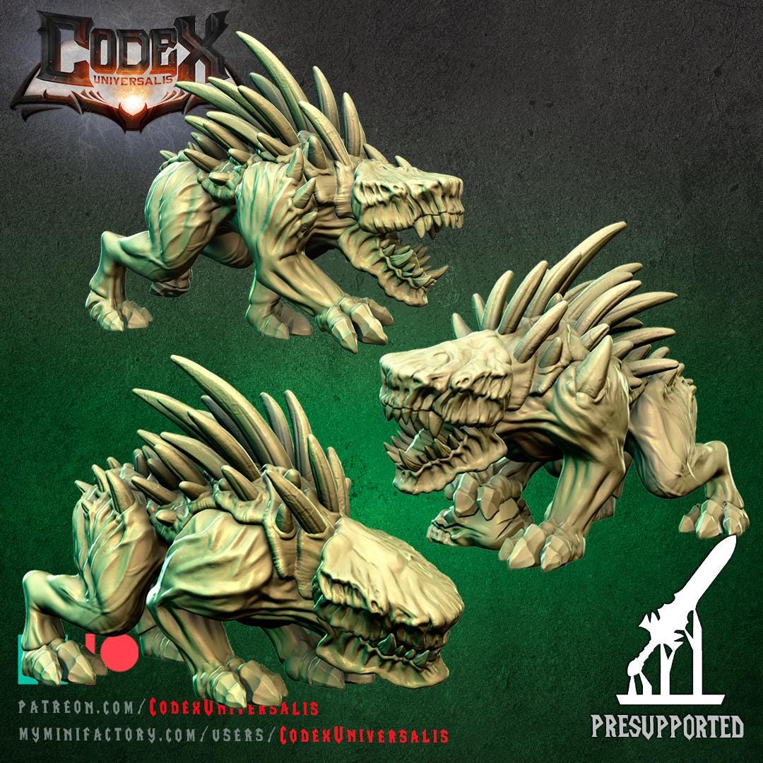 Three unpainted, 3D-rendered Tracker Hounds miniatures by WintersailMiniatures in grey resin, each with open mouths and spikes, shown from various angles on a dark background. Codex Universalis logo and presupported icon included.