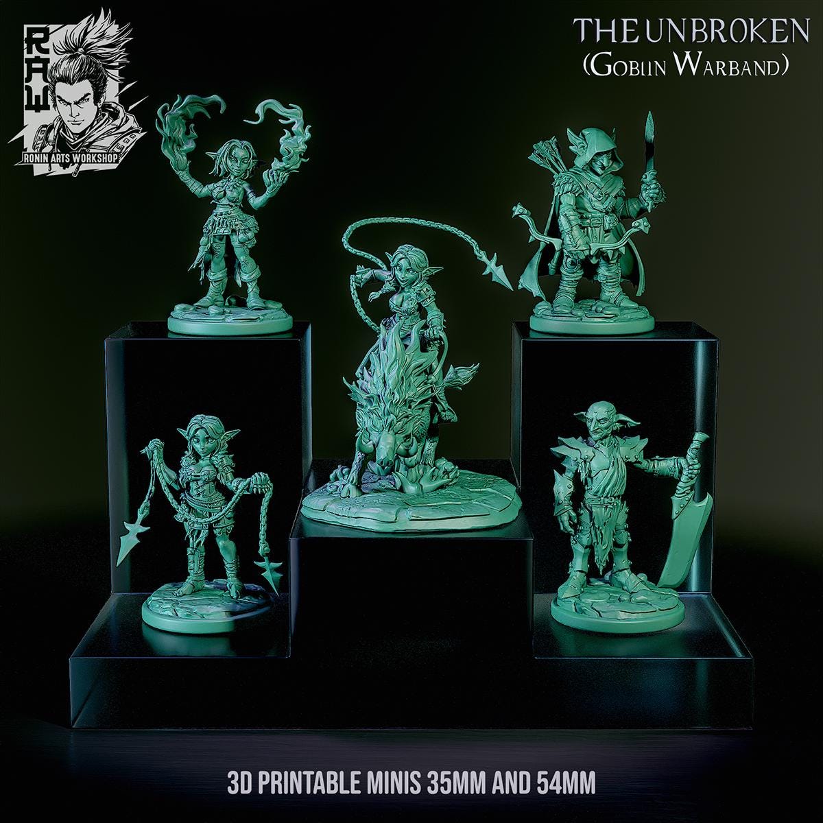 Five goblin miniatures from The Unbroken, Goblin Warband by RoninArtsWorkshop are displayed on black platforms. These 3D printable minis, offered by WintersailMiniatures, come in 35mm and 54mm sizes from a licensed merchant.