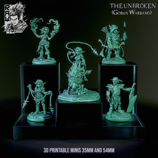 Five goblin miniatures from The Unbroken, Goblin Warband by RoninArtsWorkshop are displayed on black platforms. These 3D printable minis, offered by WintersailMiniatures, come in 35mm and 54mm sizes from a licensed merchant.