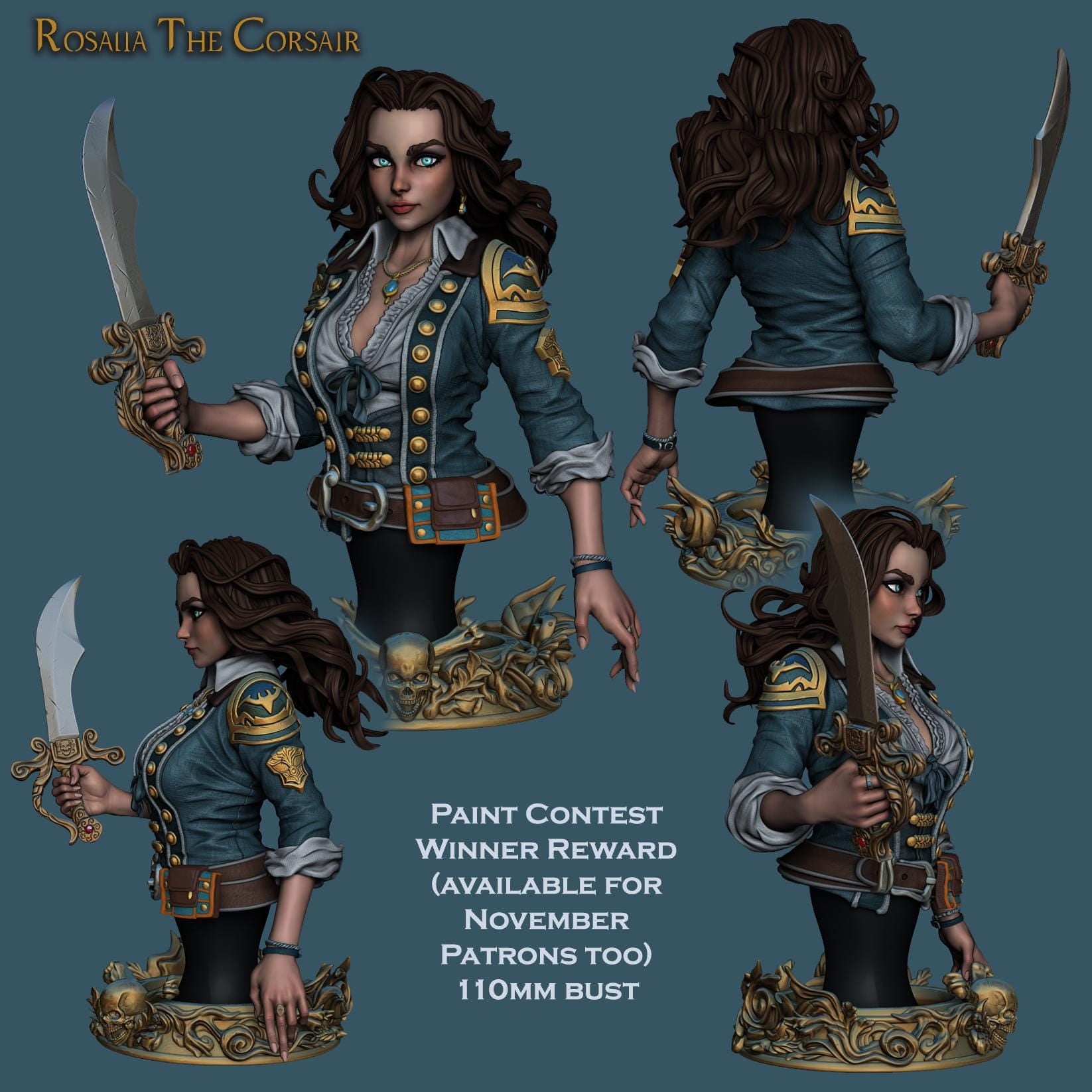 Rosalia the Corsair Bust | Fantasy Female Pirate Collectible 3D Printed Miniature | by RoninArtsWorkshop