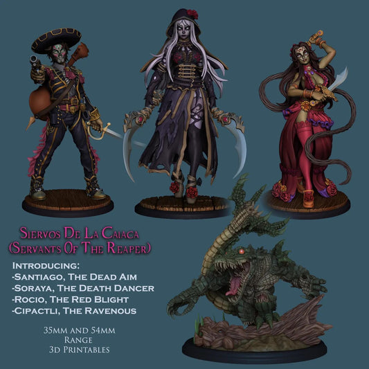 Servants of the Reaper 1 by RoninArtsWorkshop (WintersailMiniatures) includes four detailed miniatures: a pirate, skeletal dancer, dagger-wielding dancer, and crocodile creature.