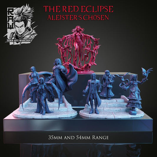 The Red Eclipse by WintersailMiniatures features detailed printed fantasy miniatures in 35mm and 54mm, including a vivid red central figure flanked by monochrome figures. Designed by RoninArtsWorkshop.