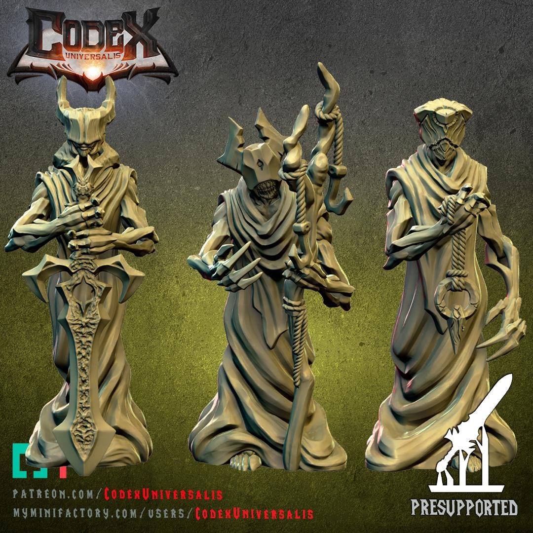 Akigath's Cursed Cultists by Codex Universalis from WintersailMiniatures: three presupported 32mm grey resin miniatures of robed, skeletal sorcerers with staffs and mystical items, perfect for tabletop gaming.
