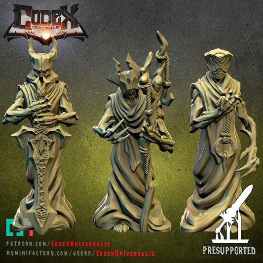 Akigath's Cursed Cultists by Codex Universalis from WintersailMiniatures: three presupported 32mm grey resin miniatures of robed, skeletal sorcerers with staffs and mystical items, perfect for tabletop gaming.