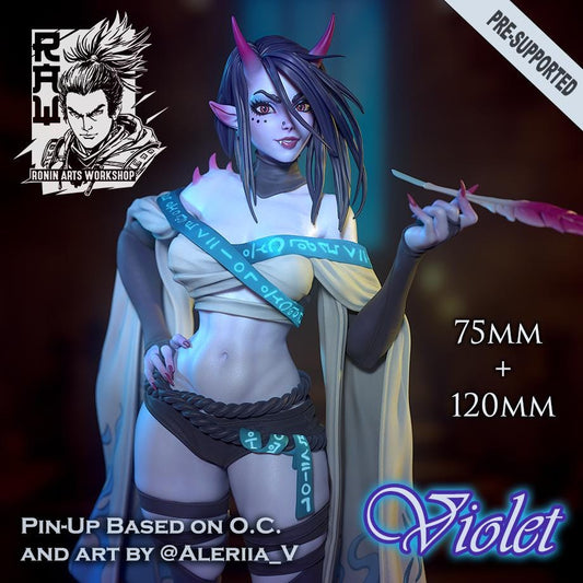 Violet by RoninArtsWorkshop is a grey resin, unpainted 3D fantasy female model with purple skin, horns, pointed ears, and a feather pen. Offered by WintersailMiniatures, it includes info on model sizes and artwork credits.