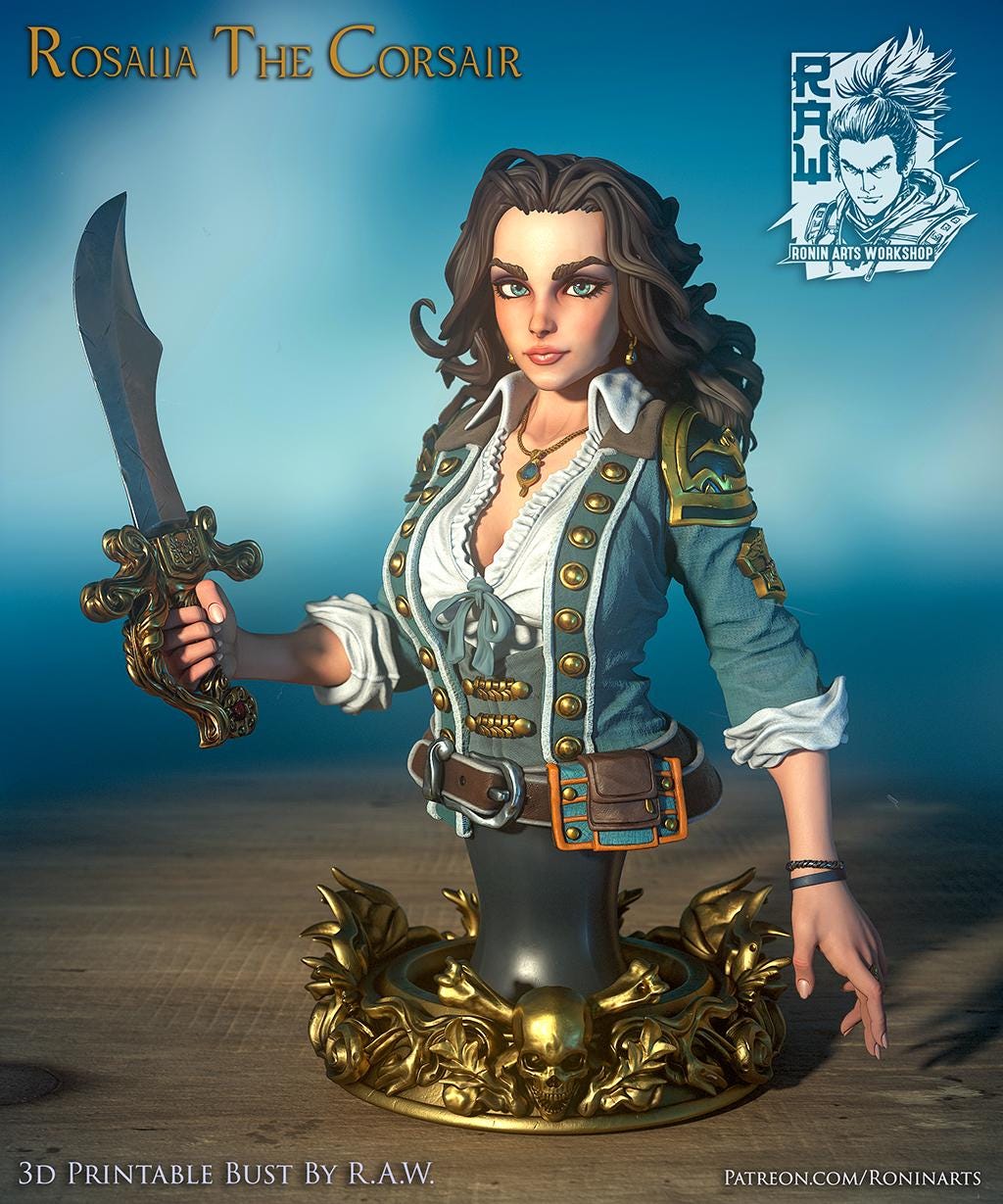 Rosalia the Corsair Bust | Fantasy Female Pirate Collectible 3D Printed Miniature | by RoninArtsWorkshop