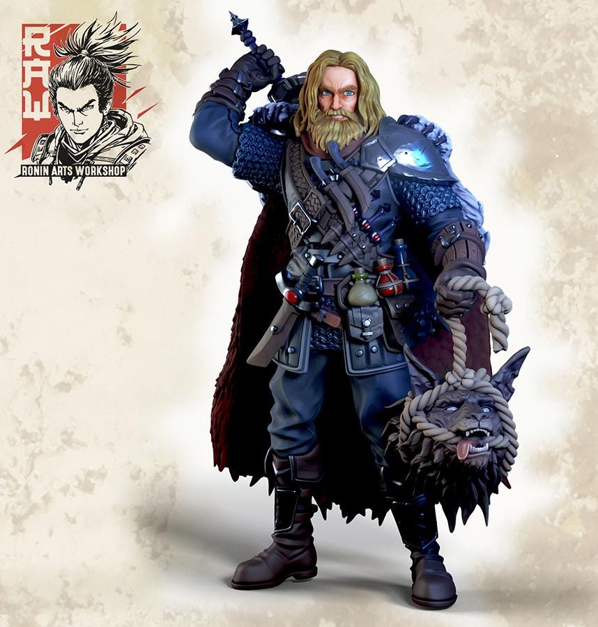 Wilku the Fighter by RoninArtsWorkshop, from WintersailMiniatures, is a detailed grey resin model of a bearded warrior in armor with a large sword, severed wolf head, red cape, and gear; RoninArtsWorkshop logo in the corner.