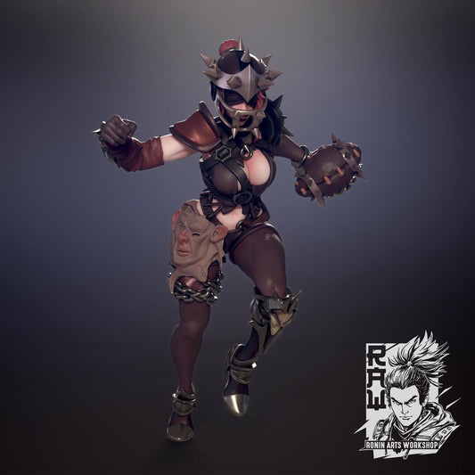 Ceylan the Stonecrow Enforcer by RoninArtsWorkshop (WintersailMiniatures) stands dynamically in spiked armor and horned helmet, holding a severed mask. Unpainted model with logo featured in the corner.