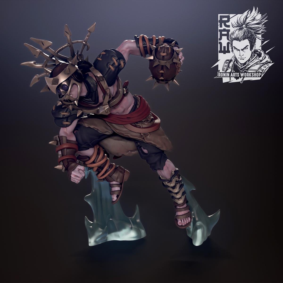 Tarkan the Stonecrow Scout by RoninArtsWorkshop (WintersailMiniatures) charges forward in tribal armor and mask, wielding a spiked ball. Ghostly blue energy trails from his feet. The grey resin model is shown unpainted with the logo in the corner.