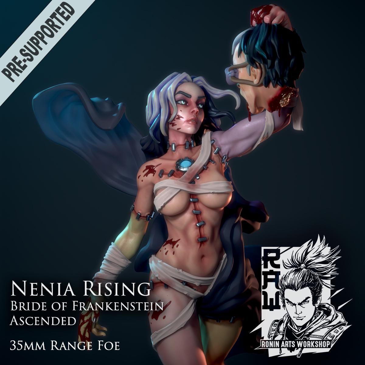 Nenia Rising by RoninArtsWorkshop (WintersailMiniatures): a 35mm stylized grey resin model of the Bride of Frankenstein Ascended, holding a severed head. Unpainted and perfect for collectors or hobbyists; features logo and text on base.