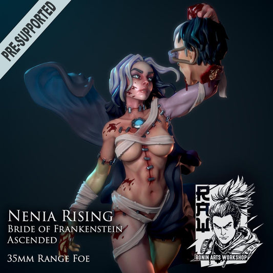 Nenia Rising by RoninArtsWorkshop (WintersailMiniatures): a 35mm stylized grey resin model of the Bride of Frankenstein Ascended, holding a severed head. Unpainted and perfect for collectors or hobbyists; features logo and text on base.