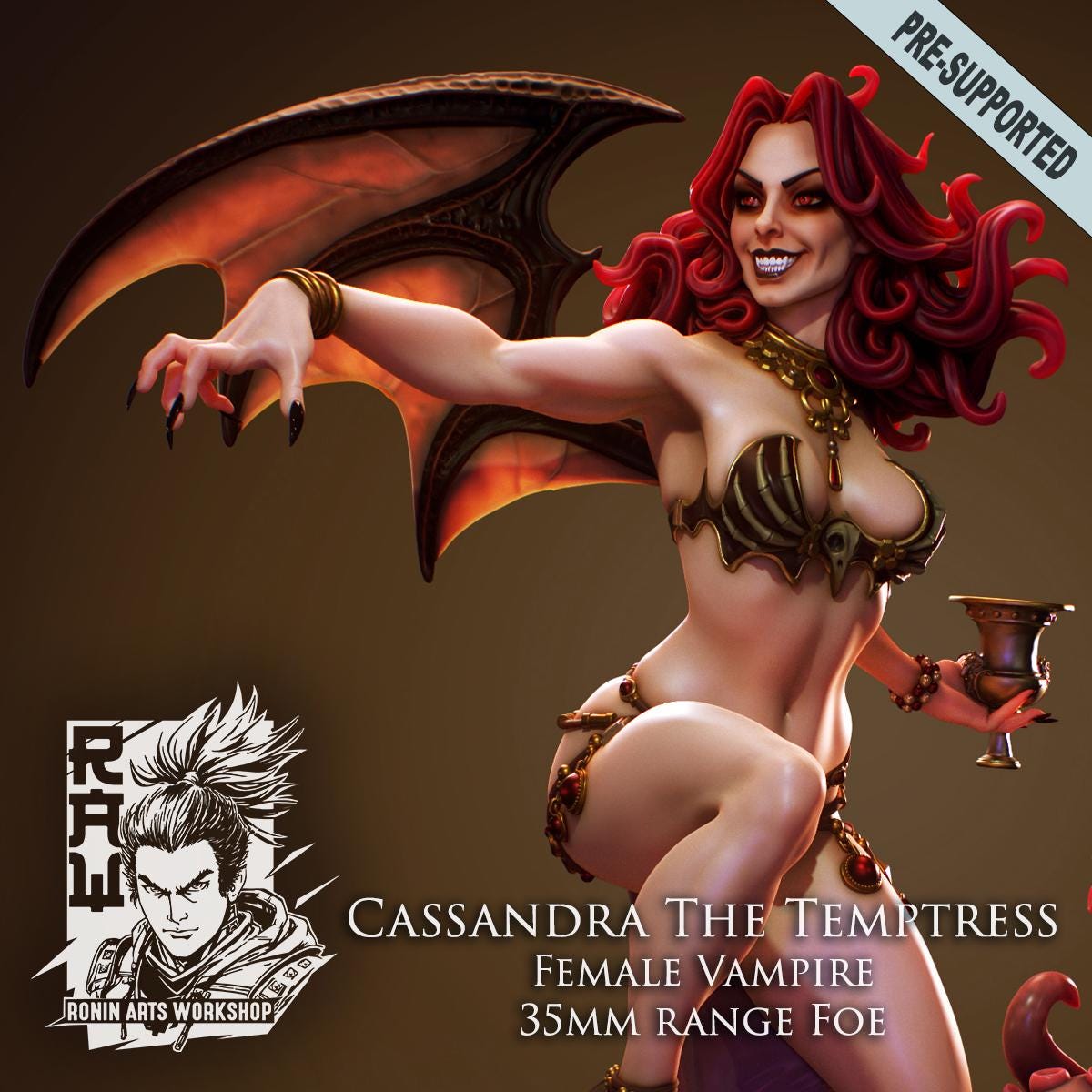 Cassandra the Temptress by RoninArtsWorkshop, from WintersailMiniatures—a 35mm fantasy miniature inspired by Mexican folklore, featuring a red-haired female vampire with bat wings, posed mid-leap.