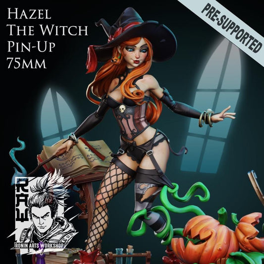 Hazel the Pumpkin Witch by RoninArtsWorkshop, from WintersailMiniatures, is an unpainted 75mm resin pin-up figurine featuring a witch in corset and hat with spellbook, broom, pumpkins, and candles. Pre-supported for 3D printing.