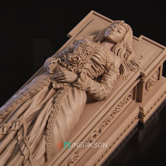 Sleeping Princess by Nerikson from WintersailMiniatures: a detailed 3D STL model of a woman lying in repose on a decorated platform, hands clasped over flowers, in a patterned dress—perfect for fantasy figure collectors.