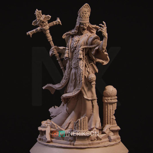 Undead Priest by Nerikson from WintersailMiniatures: a detailed 32mm STL of a robed, skeletal figure with staff on a base of broken columns and skulls—ideal for collectors or tabletop gaming.