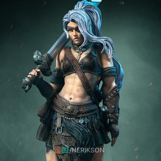 Lia the Barbarian by Nerikson from WintersailMiniatures features a fantasy warrior woman with long white hair, dark armor, and leather accessories—ideal as a 3D printed model using STL files.
