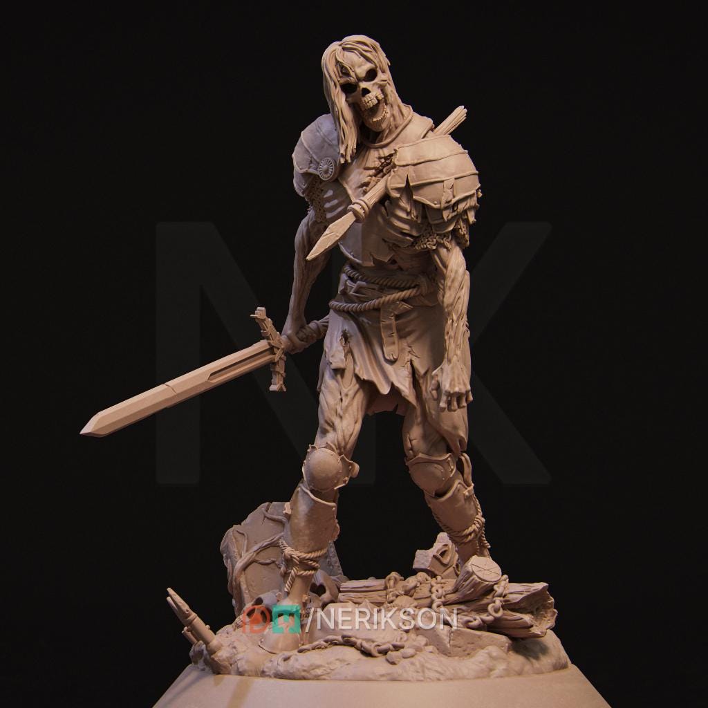 Skeleton Warrior | by Nerikson from WintersailMiniatures—a detailed 3D model of a skeletal warrior with sword on a rocky base, set against a dark background—ideal for STL printing.