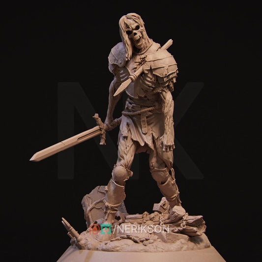 Skeleton Warrior | by Nerikson from WintersailMiniatures—a detailed 3D model of a skeletal warrior with sword on a rocky base, set against a dark background—ideal for STL printing.