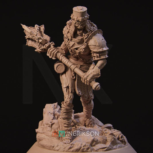 Undead Brute by Nerikson from WintersailMiniatures—this detailed fantasy warrior STL 3D model wields a spiked mace and stands on a rocky base, ideal for your next printing project.