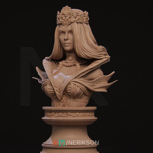 The Queen of Spades Bust by Nerikson from WintersailMiniatures is a detailed grey resin miniature queen with an ornate crown and elaborate armor—ideal unpainted for painters or collectors of unique 3D print designs.