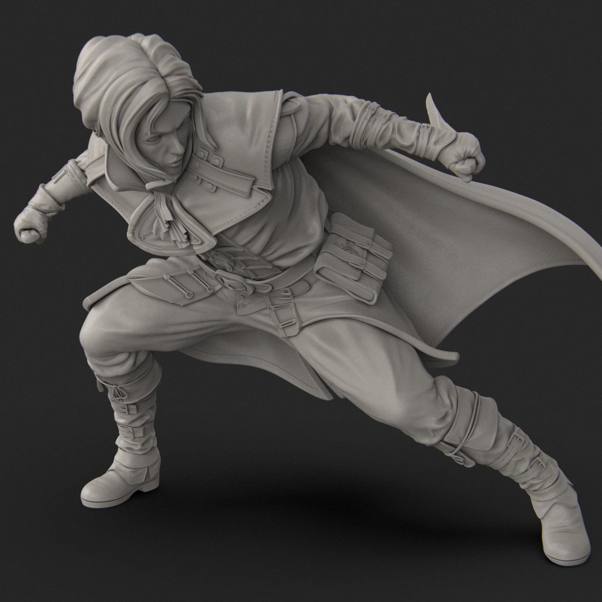 Halfling Rogue by Nerikson, from WintersailMiniatures—a dynamic gray 75mm STL of a hooded rogue in action with dagger. Ideal for collectors and tabletop gamers seeking detail and style.