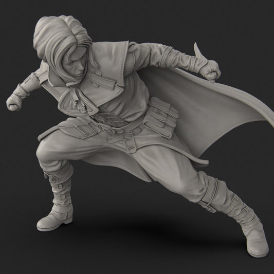 Halfling Rogue by Nerikson, from WintersailMiniatures—a dynamic gray 75mm STL of a hooded rogue in action with dagger. Ideal for collectors and tabletop gamers seeking detail and style.