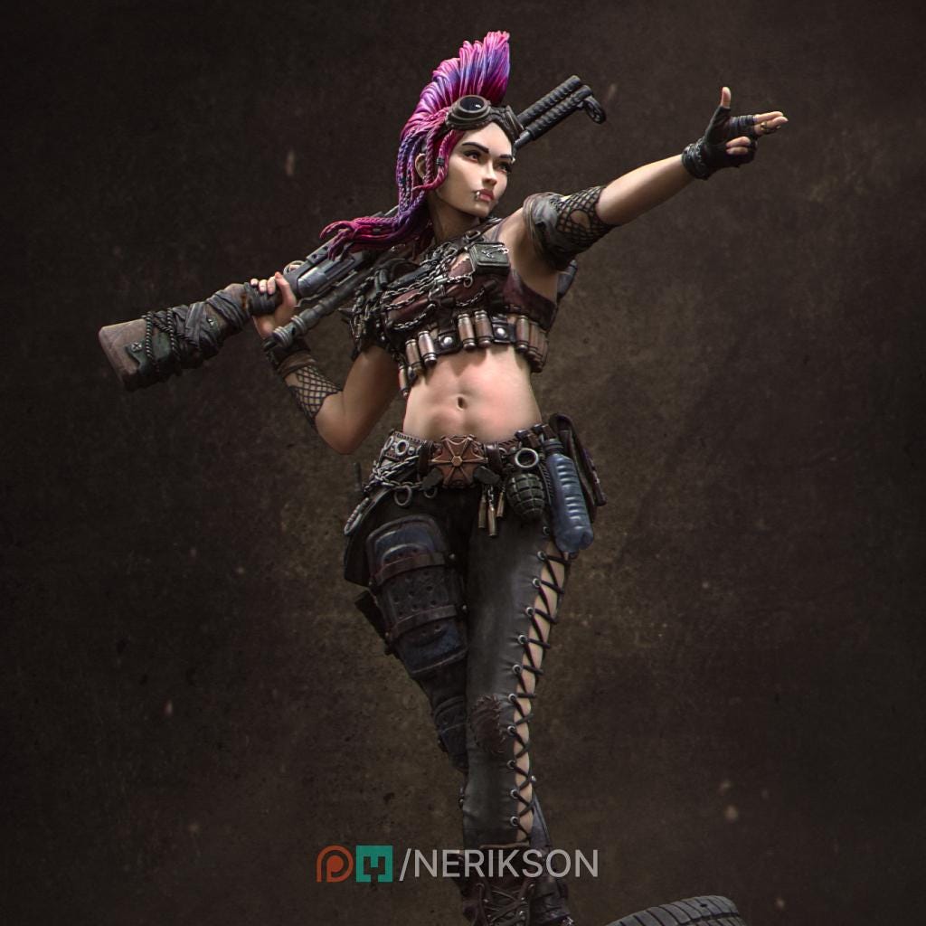 Romana the Wasteland Warrior | Post apocalyptic Female Raider Survivor Fighter Collectible Miniature Statue | 75mm / 140mm | by Nerikson