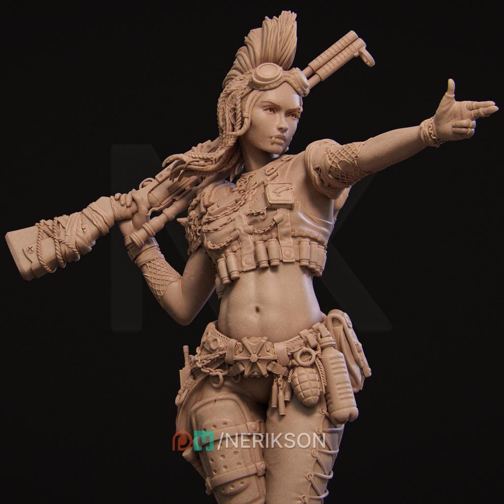 Romana the Wasteland Warrior | Post apocalyptic Female Raider Survivor Fighter Collectible Miniature Statue | 75mm / 140mm | by Nerikson