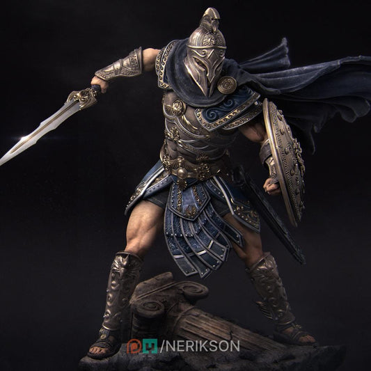 Perseus the Slayer Hero by WintersailMiniatures stands armored with sword and shield on shattered ruins, ready for battle—the perfect 3D printed model from premium STL files by Nerikson.