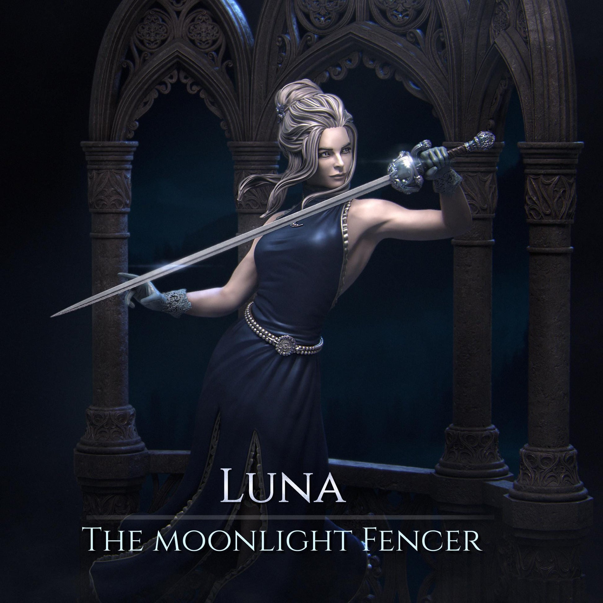 Luna the Moonlight Fencer | DnD Fighter Warrior Collectible Miniature | 75mm | by Nerikson