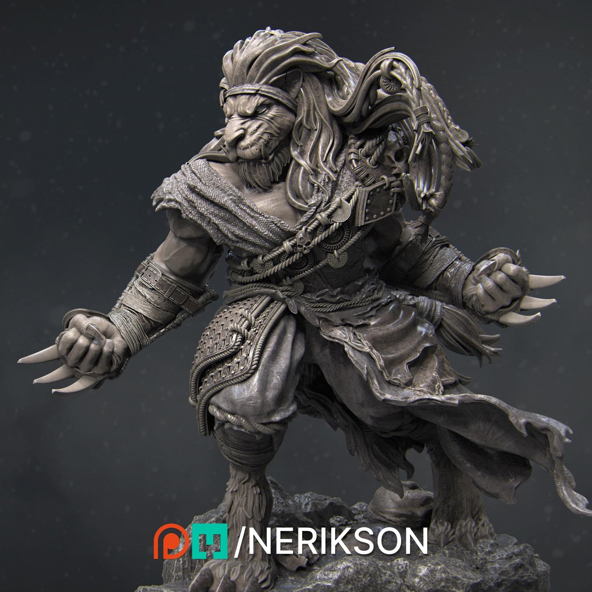 Azat, Way of the Long Dead Monk | DnD Tabaxi Fighter Collectible Miniature Statue | 75mm / 140mm | by Nerikson