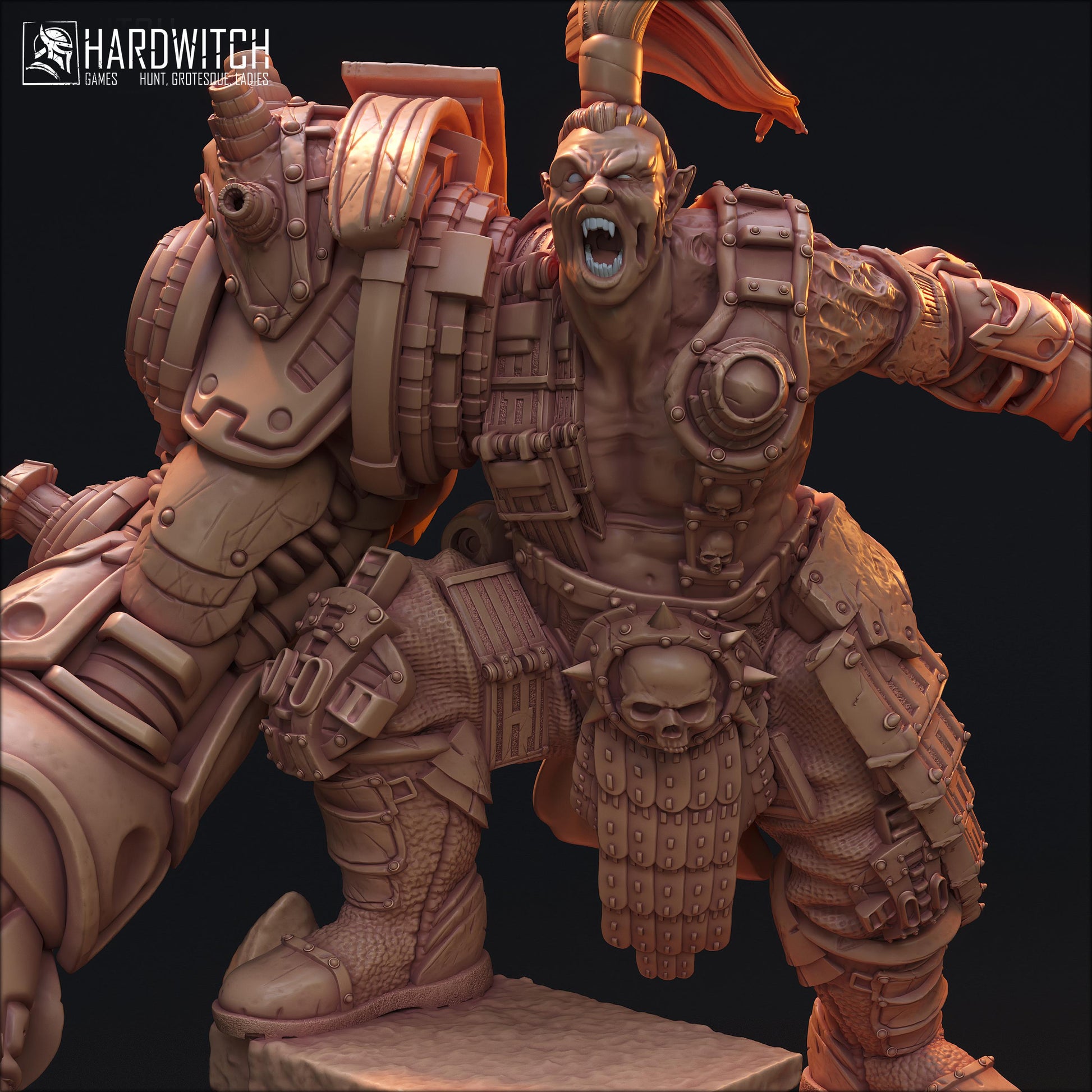 Grukk Metaleater | DnD Fantasy Ork Artificer Berserker Miniature | 32mm / 75mm | by Hardwitch Games